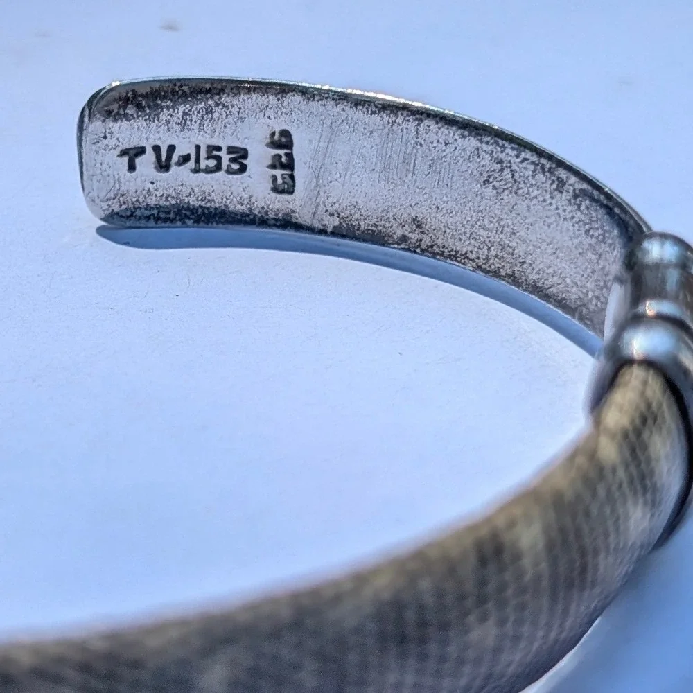 Vintage Taxco Mexico 925 Sterling Silver Snakeskin Inlay Cuff Bracelet TV-153
